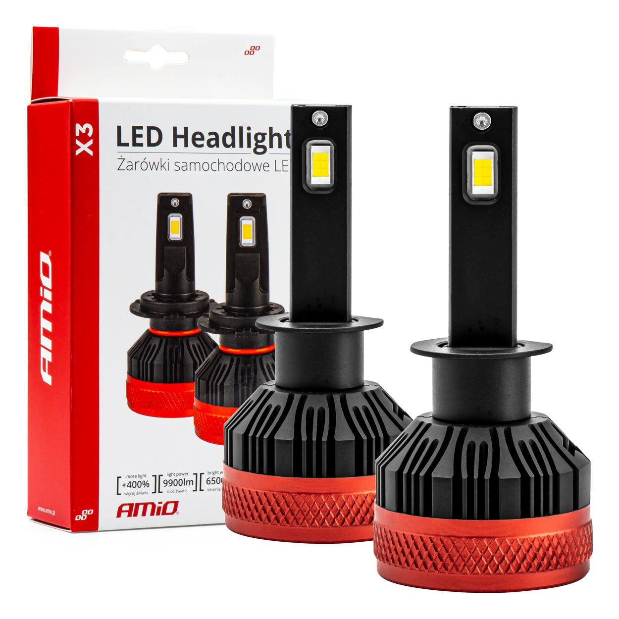 AMI-02977--Żarówki LED H1 AMiO seria X3 charakteryzują się bardzo wysoką jakością wykonania. Proponowany produkt emituje jaśniejsze i bardziej skoncentrowane światło, co pozwala na lepszą widoczność drogi w warunkach ograniczonego oświetlenia, takich jak zmrok,