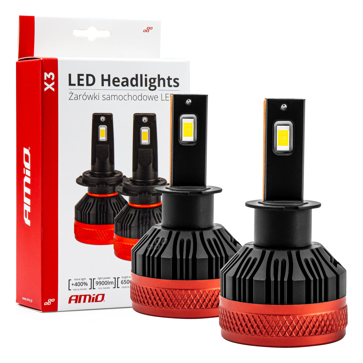 AMI-02978--Żarówki LED H3 AMiO seria X3 charakteryzują się bardzo wysoką jakością wykonania. Proponowany produkt emituje jaśniejsze i bardziej skoncentrowane światło, co pozwala na lepszą widoczność drogi w warunkach ograniczonego oświetlenia, takich jak zmrok,