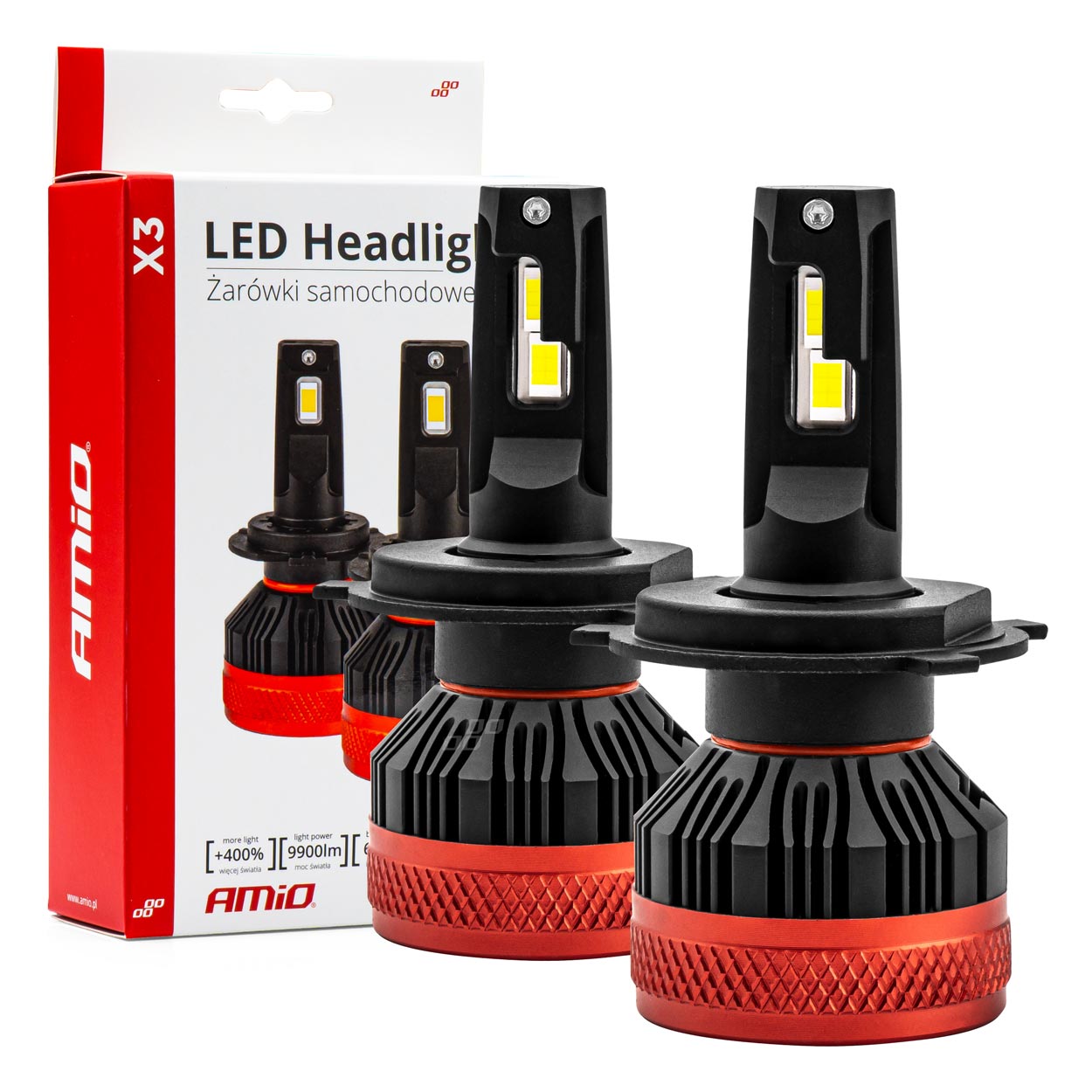 AMI-02979--Żarówki LED H4 AMiO seria X3 charakteryzują się bardzo wysoką jakością wykonania. Proponowany produkt emituje jaśniejsze i bardziej skoncentrowane światło, co pozwala na lepszą widoczność drogi w warunkach ograniczonego oświetlenia, takich jak zmrok,