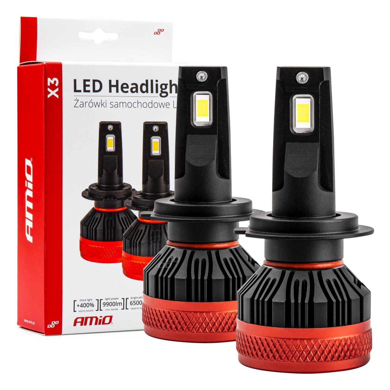 AMI-02980--Żarówki LED H7 AMiO seria X3 charakteryzują się bardzo wysoką jakością wykonania. Proponowany produkt emituje jaśniejsze i bardziej skoncentrowane światło, co pozwala na lepszą widoczność drogi w warunkach ograniczonego oświetlenia, takich jak zmrok,