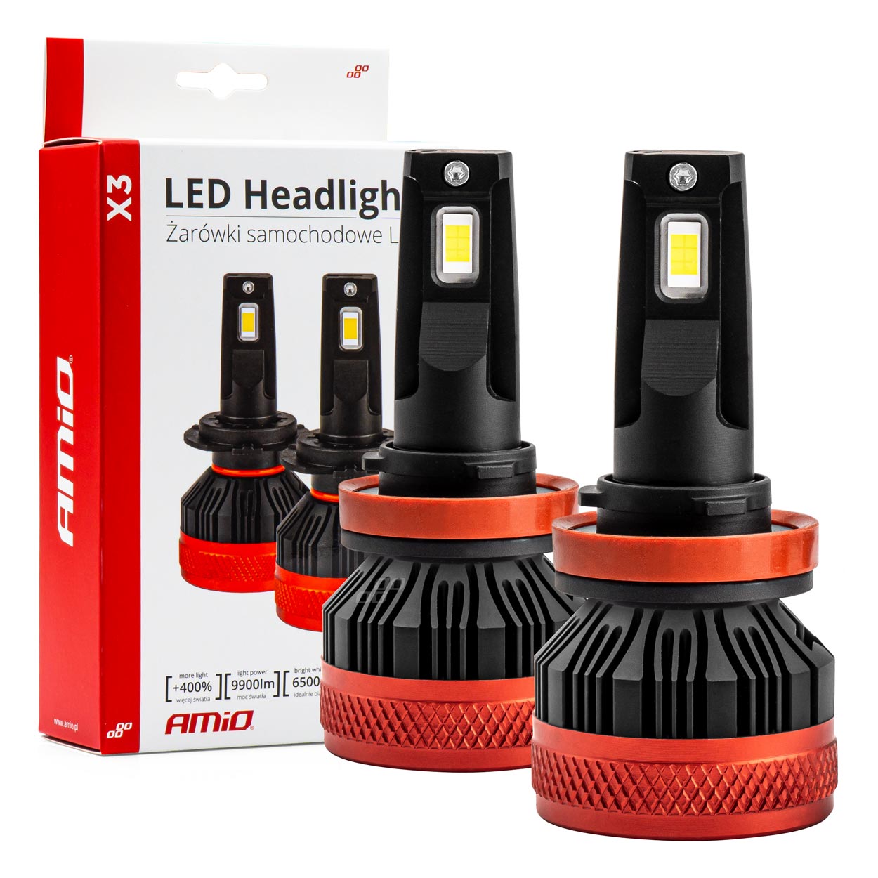 AMI-02981--Żarówki LED H8 H9 H11 AMiO seria X3 charakteryzują się bardzo wysoką jakością wykonania. Proponowany produkt emituje jaśniejsze i bardziej skoncentrowane światło, co pozwala na lepszą widoczność drogi w warunkach ograniczonego oświetlenia, takich jak