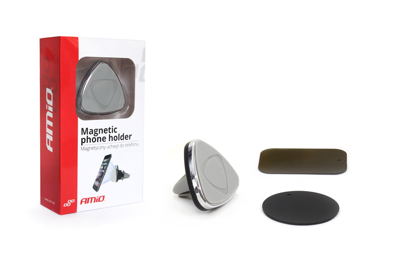 AMI-01043--Uchwyt magnetyczny montowany na kratkę wentylacyjną. Posiada mocny magnes, który utrzyma nawet bardzo duże telefony. Wymiary uchwytu: 48x48mm W zestawie dwie blaszki: - Okroągła, samoprzylepna o średnicy 50mm - Prostokątna 65x45mm z jednej strony wyk
