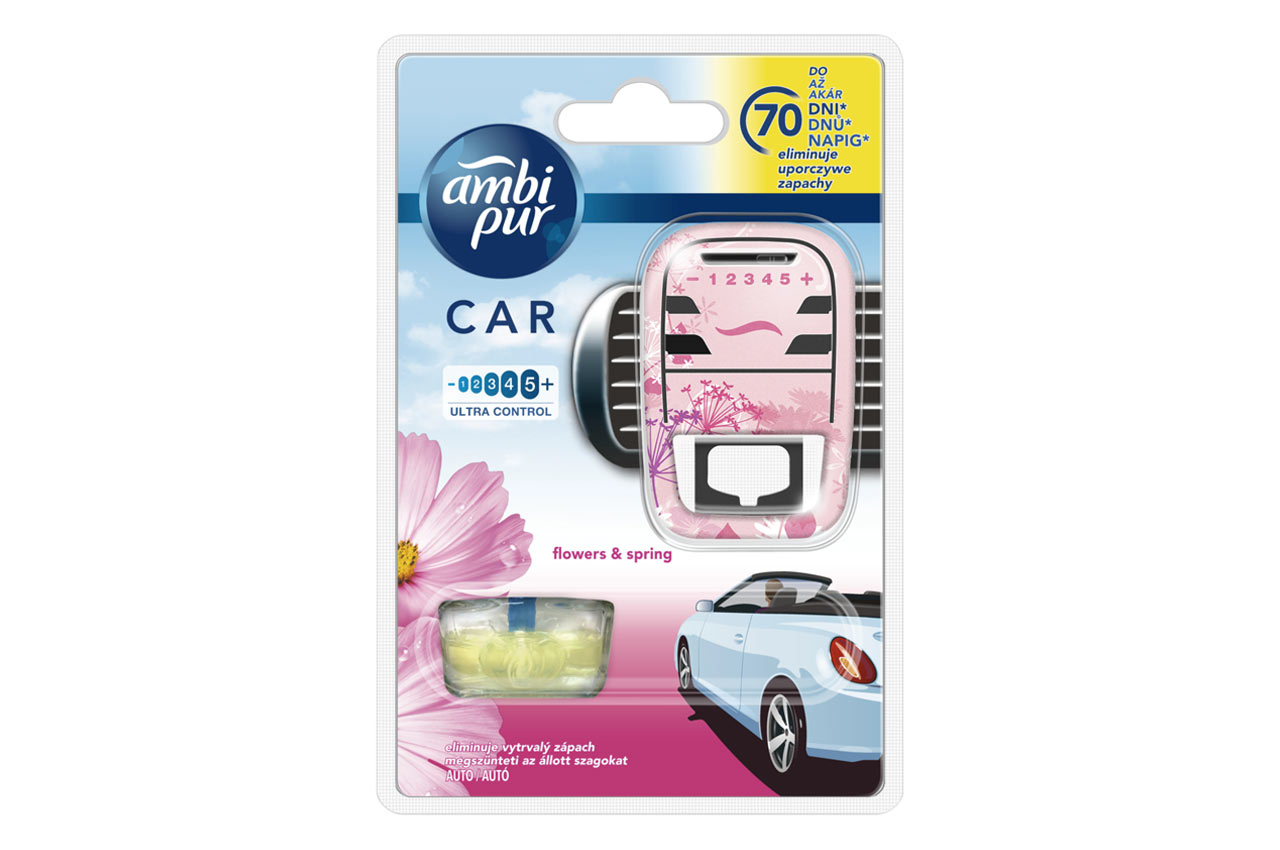 AMI-E7838--Samochodowy odświeżacz powietrza Ambi Pur Car z technologią Odourclear usuwa uporczywe, nieprzyjemne zapachy, pozostawiając delikatną i świeżą woń aż do 70 dni (na najniższym poziomie intensywności, w zwykłych warunkach prowadzenia samochodu). W prze