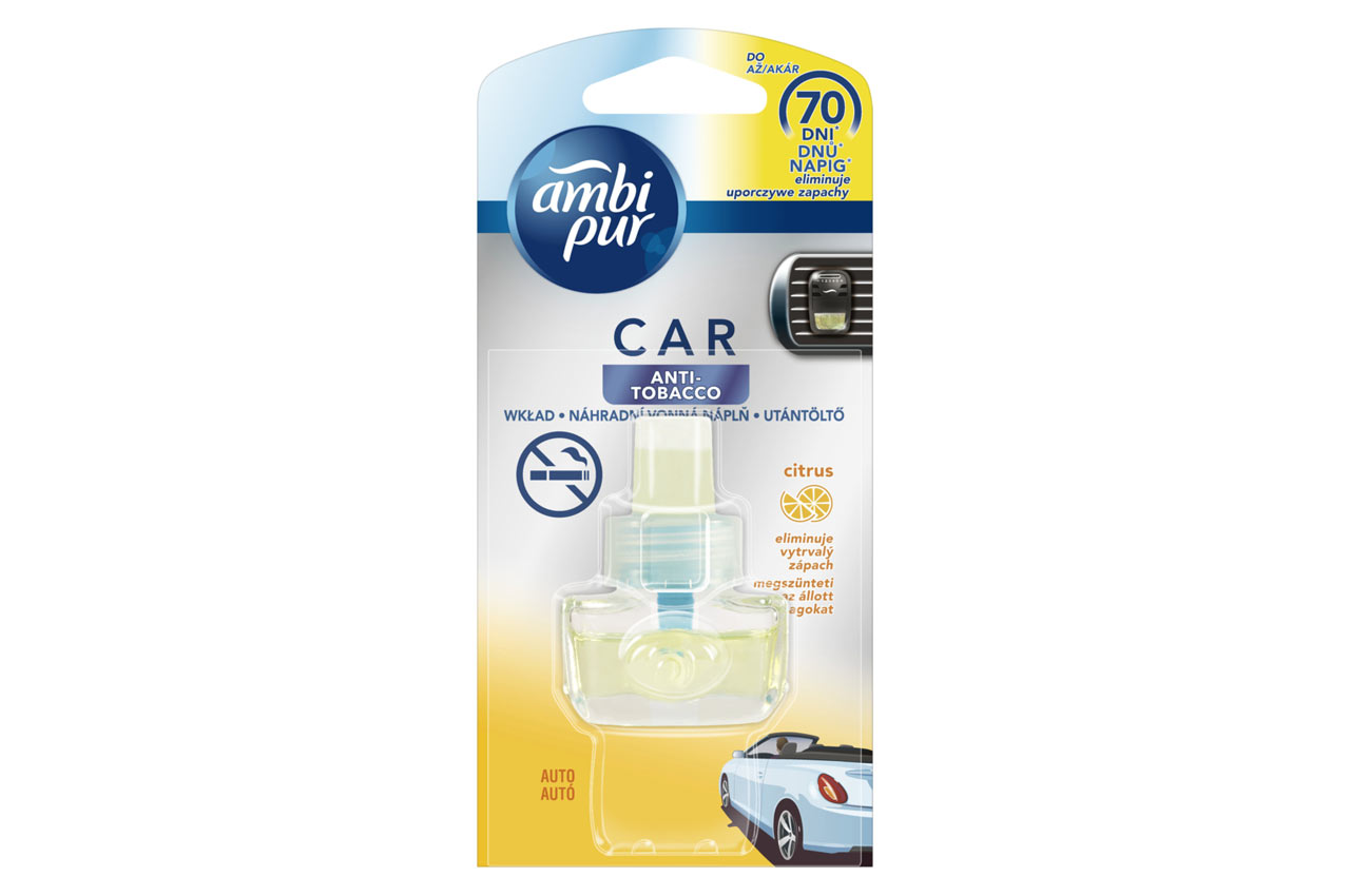 AMI-E7866--Samochodowy odświeżacz powietrza Ambi Pur Car z technologią Odourclear usuwa uporczywe, nieprzyjemne zapachy, pozostawiając delikatną i świeżą woń aż do 70 dni (na najniższym poziomie intensywności, w zwykłych warunkach prowadzenia samochodu). W prze