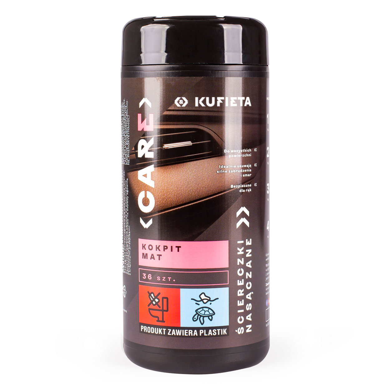 AMI-K5107--OPIS: Przed pierwszym użyciem, zdejmij pokrywkę, otwórz foliowe opakowanie odrywając całkowicie górną część. Umieść opakowanie z powrotem w puszcze. Wyciągnij pierwszą ściereczkę ze środka rolki i przeciągnij przez otwór dozujący w pokrywce. Załóż z 