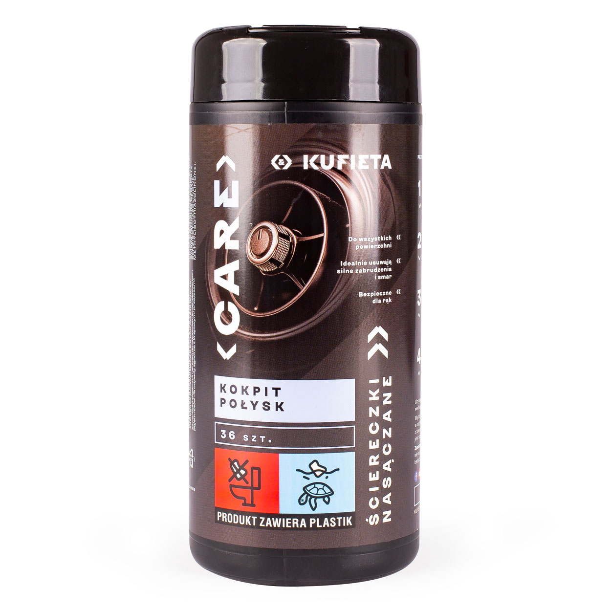 AMI-K5108--OPIS: Przed pierwszym użyciem, zdejmij pokrywkę, otwórz foliowe opakowanie odrywając całkowicie górną część. Umieść opakowanie z powrotem w puszcze. Wyciągnij pierwszą ściereczkę ze środka rolki i przeciągnij przez otwór dozujący w pokrywce. Załóż z 