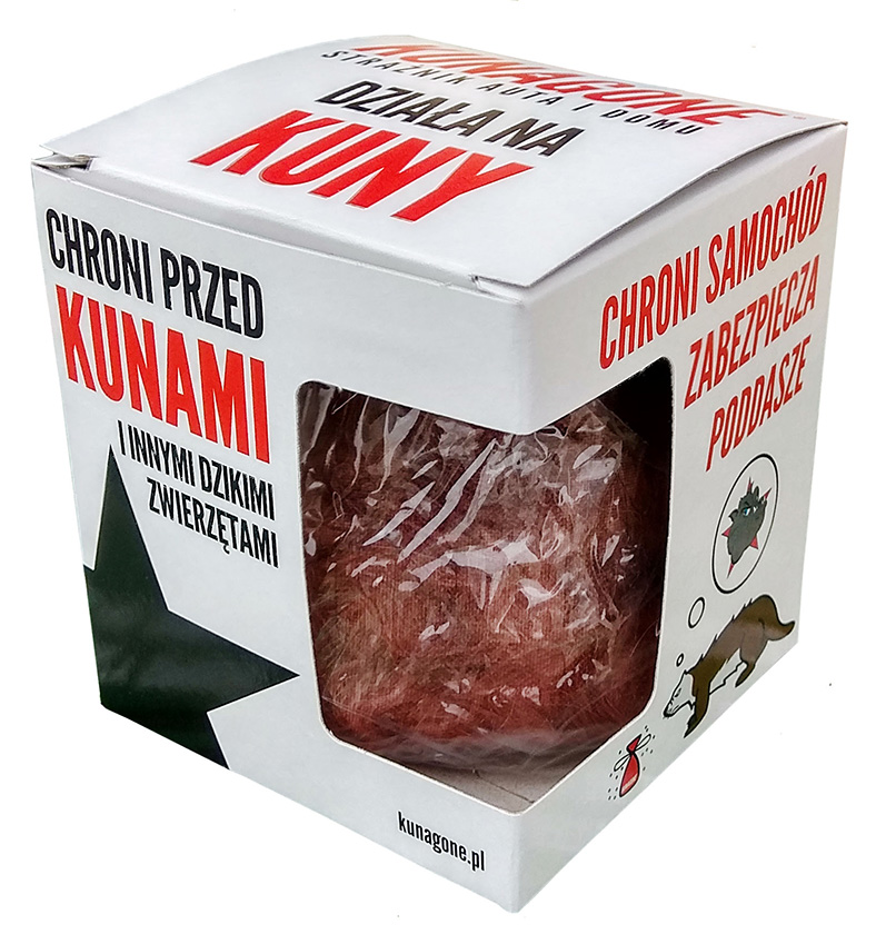 AMI-KUN02PL--Odstraszasz kun KUNAGONE ? opakowanie zawierające 1 sztukę produktu Opatentowany polski produkt, który odpiera atak kun na instalację elektryczną Twojego samochodu. Wyzwala naturalny zapach psa (naturalnego wroga), który odstrasza nie tylko kuny, ale