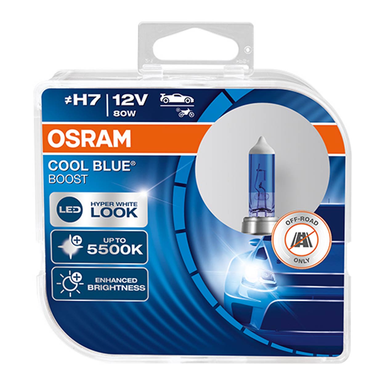 AMI-O-62210CBB-DUO--NOWE Żarówki H7 COOL BLUE BOOST 5500K więcej światła firmy OSRAM 80 Watt 5500Kelvin (XENON WHITE) Żarówka halogenowa OSRAM COOL BLUE BOOST wytwarza światło o dużym kontraście i 50% wiecej światła, podobne do światła dziennego i właśnie dlatego jest m