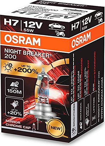AMI-O-64210NB200--NIGHT BREAKER? 200 to najjaśniejsza halogenowa żarówka w historii OSRAM, która zapewnia aż 150 metrów oświetlonej drogi, do 20% bielsze (w porównaniu do standardowych żarówek halogenowych) oraz nawet 200% jaśniejsze światło, które pozwala kierowcom w