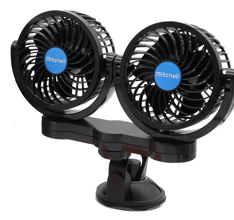 AMI-CC61019--Wentylator samochodowy podwójny 24V 4" w plastikowej obudowie z przyssawką- OBROTOWY Specyfikacja: Kolor: czarno pomarańczowe (lub niebieski w zależności od dostawy) Przeznaczenie: urządzenia chłodnicze wnętrza pojazdu Rodzaj zasilania : 24V (za