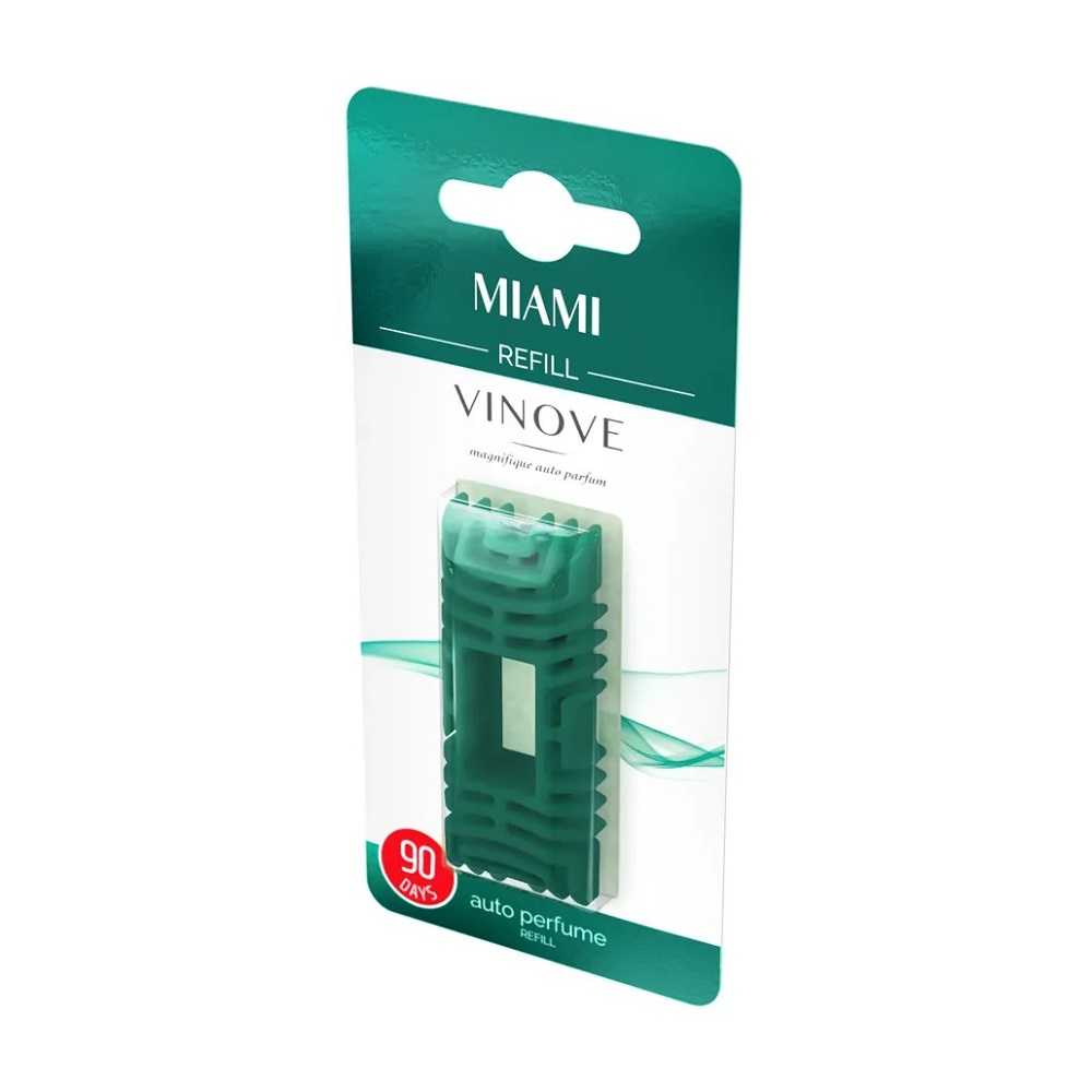AMI-V11247/V07-17--VINOVE zapach MIAMI refill wkład na kratkę Energetyzujący zapach Miami łączy w sobie świeżość cytrusów z zapachem muśniętej słońcem skóry, entuzjazm niczym niezmąconej młodości z waniliowo-piżmową elegancją.Kusi świeżością sycylijskich cytryn i berga