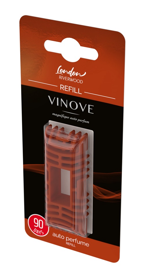 AMI-V11058/V11-15--Vinove Refill LONDON Zapach Do Auta Wymienny wkład zapachowy Trwałość - 90 dni LONDON RIVER WOOD Tajemnica zaklęta w mocnych nutach drzewa, koniaku i kawy oraz w słodkości miodu, ananasa i wanilii. LONDON RIVER WOOD idealny zapach w chłodne i deszczo