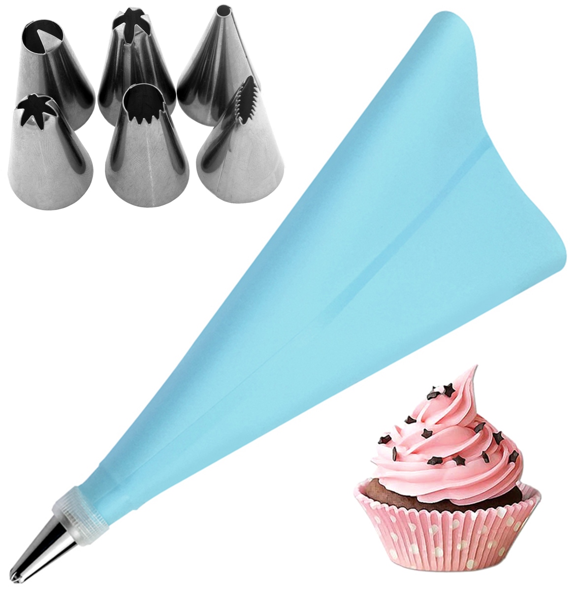 AG406E--Dekorator do tort&amp;oacute;w i ciast! Doskonały zestaw składający się z przejści&amp;oacute;wki oraz aż 6 r&amp;oacute;żnorodnych, stalowych końc&amp;oacute;wek (tylek cukierniczych) Dodatkowo w zestawie silikonowy rękaw do ozdabian