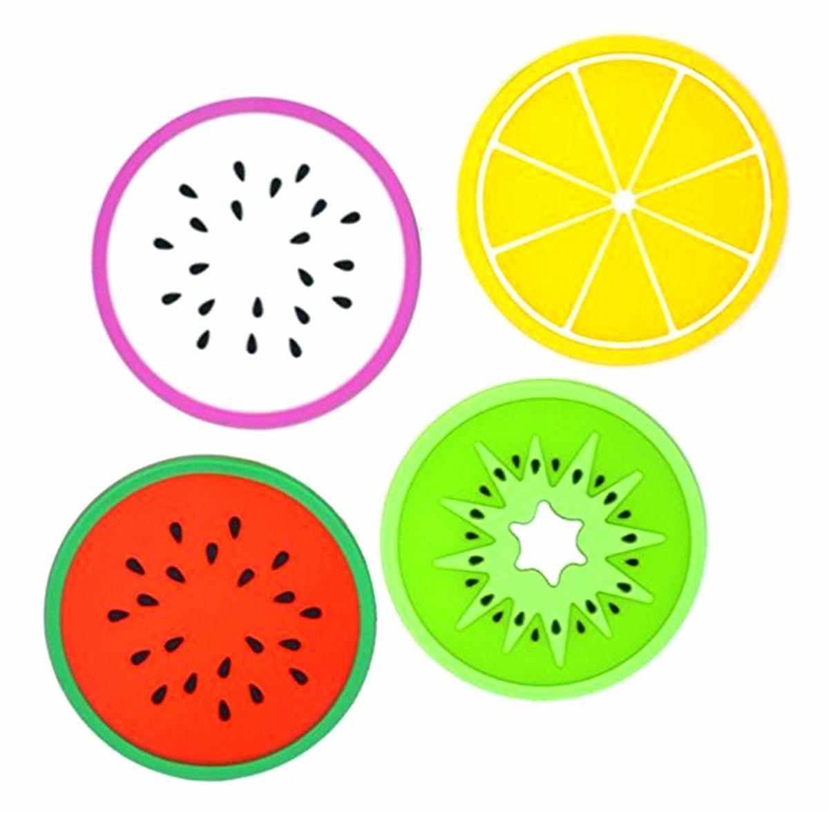 AG515E--Zestaw czterech okrągłych, silikonowych podkładek pod kubki. Atrakcyjny wygląd nawiązujący do owoc&amp;oacute;w cytrusowych. Wykonane z materiału antypoślizgowego, ściśle przylegającego do podłoża. Odporne na działanie niskich i wysokich temperat