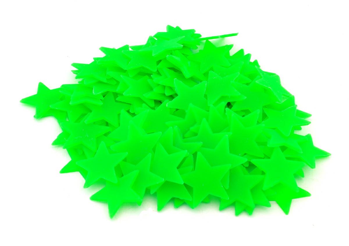 AG683--Zestaw 100 fluorescencyjnych gwiazdek. Gwiazdki pochłaniają światło i dzięki temu świecą w ciemnościach. Doskonale nadają się na dekorację pokoju dziecięcego (np. na suficie). Łatwy montaż na dowolnej powierzchni dzięki zastosowaniu dwustronnych nakl