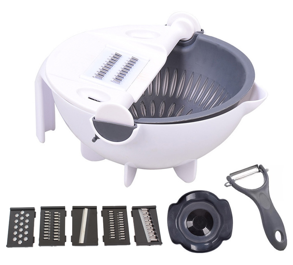 AG693--Wielofunkcyjna, obrotowa krajalnica do warzyw. Umożliwia tarkowanie warzyw przy jednoczesnym ich odcedzaniu i ociekaniu (cedzak i miska). Tarka perfekcyjnie pokroi i utrze owoce i warzywa na sałatkę / sur&amp;oacute;wkę. Zestaw wyposażony został 