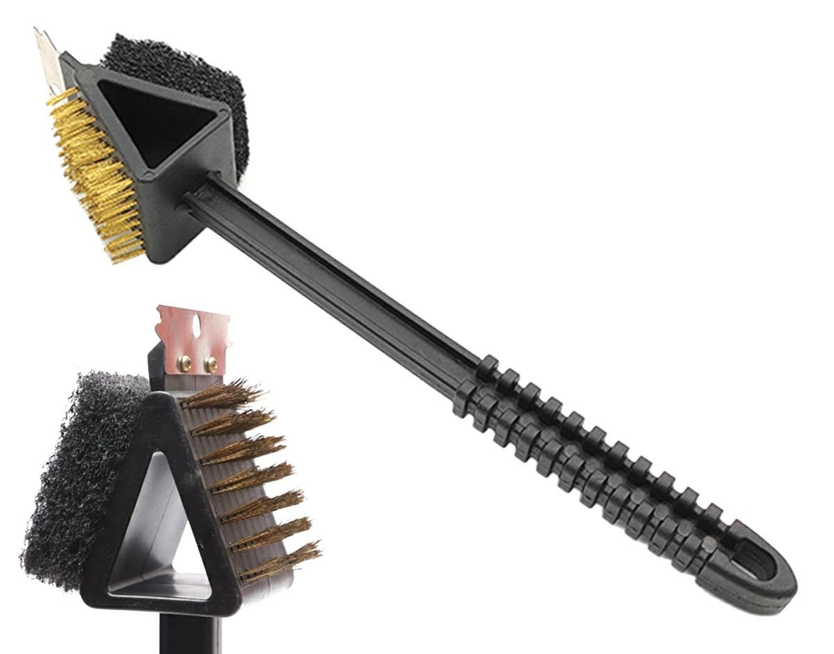AG705--Wygodna szczotka do czyszczenia rusztu, patelni oraz grilla. Wyposażona w specjalną końc&amp;oacute;wkę z trzema rodzajami szczotek, dostosowaną do r&amp;oacute;żnego typu zanieczyszczeń. Skrobak umożliwia usunąć przyklejony do rusztu tłuszcz