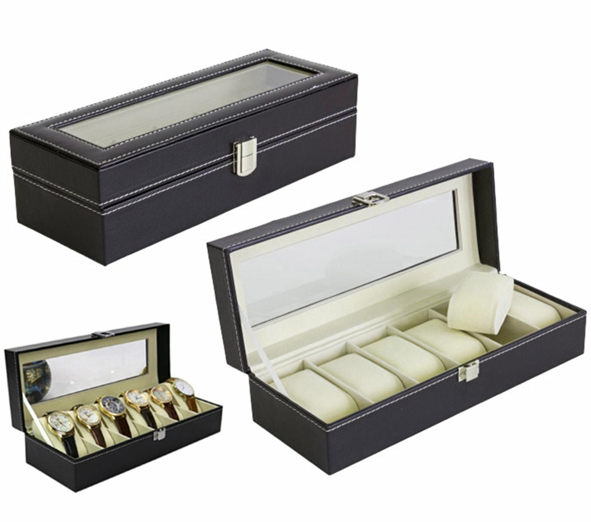 CA14B--Niezwykle funkcjonalny kuferek / etui na 6 zegark&amp;oacute;w naręcznych lub bransoletki. Praktyczny organizer na zegarki został wykonany z eleganckiej eko-sk&amp;oacute;ry w czarnym kolorze, przeszycia ze srebrnej nici dodatkowo podnoszą at