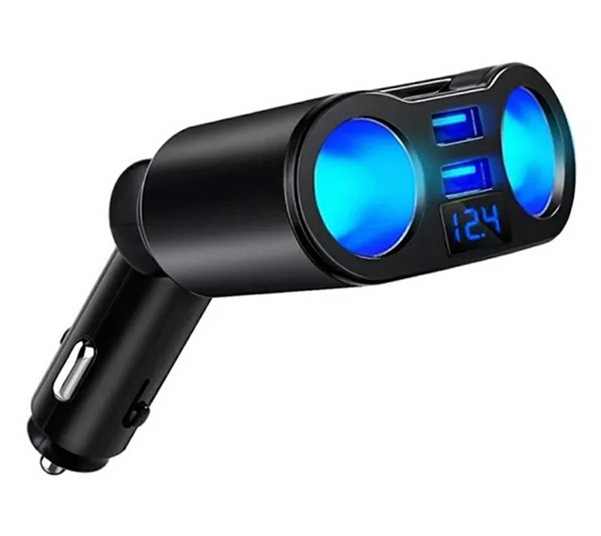 PLS41--Rozdzielacz zapalniczki samochodowej 12V na dwa podświetlone gniazda. Wyposażony w dwa porty USB 5V oraz wbudowany woltomierz. Idealny do zastosowania w samochodach, motocyklach, motorowerach, quadach i skuterach, słowem we wszelkich pojazdach kt&