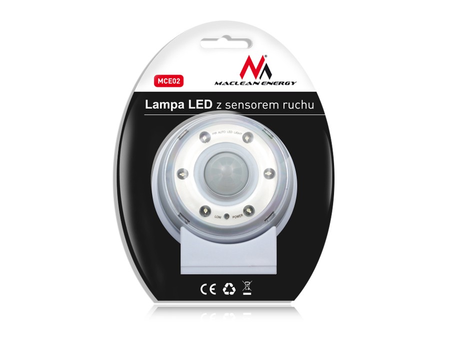 CEN-24547--Lampa LED z sensorem ruchu, magnes, stojak, haczyk MCE02 czas świecenia 20s 60s 90s 4xAAA Maclean EnergyLampa wyposażona w 6 mocnych diod LED SMD oraz czujnik ruchu jest  przydatna wszędzie tam, gdzie utrudniony jest dostęp do światła bądź  elektrycz