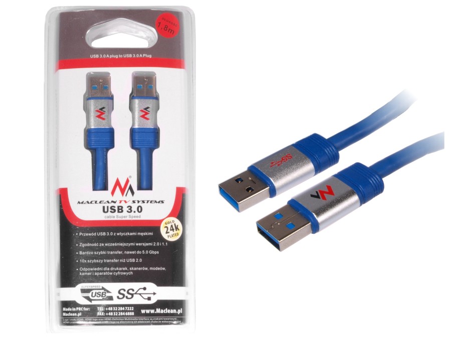 CEN-28116--Przew&amp;oacute;d, kabel USB 3.0 AM - AM 1.8m Maclean MCTV-606 blisterUrządzenia zgodne z warunkami specyfikacji USB 3.0 mogą pracować z  szybkością do 5 Gbit/s, czyli 640 MB/s. Nowy standard opr&amp;oacute;cz  standardowych przewod&amp;