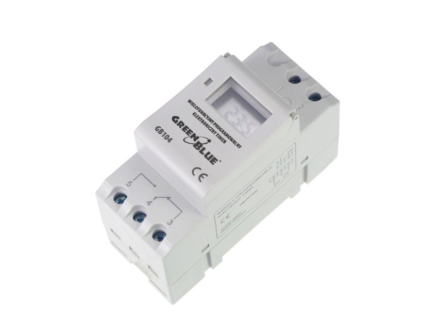 CEN-34527--GB104 Włącznik czasowy - timer cyfrowy na szynę DIN GreenBlueWłącznik czasowy timer cyfrowy na szynę DIN GreenBlue GB104 16 program&amp;oacute;w max 240 program&amp;oacute;wCechy produktu:Instalacja na szynie DINZaawansowane programowanie z t