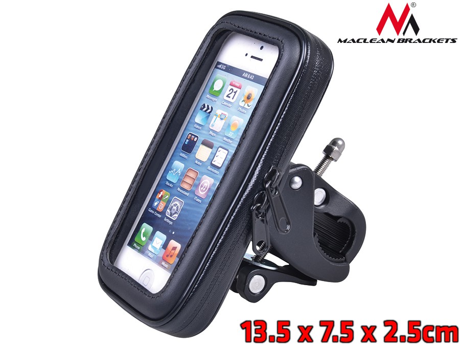 CEN-42819--Opis produktu:Uchwyt rowerowy renomowanej firmy Maclean Bracketsmodel MC-688 MWodoodporne etui do telefonu z uchwytem na kierownicę pasującym do motoru, skutera, roweru, czy też quada. Chroni telefon przed zachlapania wodą oraz kurzem. Wykonane z sol
