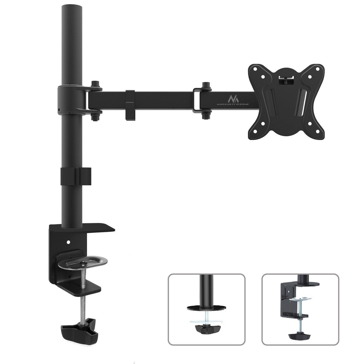 CEN-42980--MC-690 42980 Uchwyt biurkowy do monitora LCD 13"-27" 8kg vesa 75x75 oraz 100x100Uniwersalny uchwyt do monitor&amp;oacute;w LCD lub LED z możliwością montażu do blatu biurka lub stołu. Uchwyt przeznaczony do monitor&amp;oacute;w 13&q