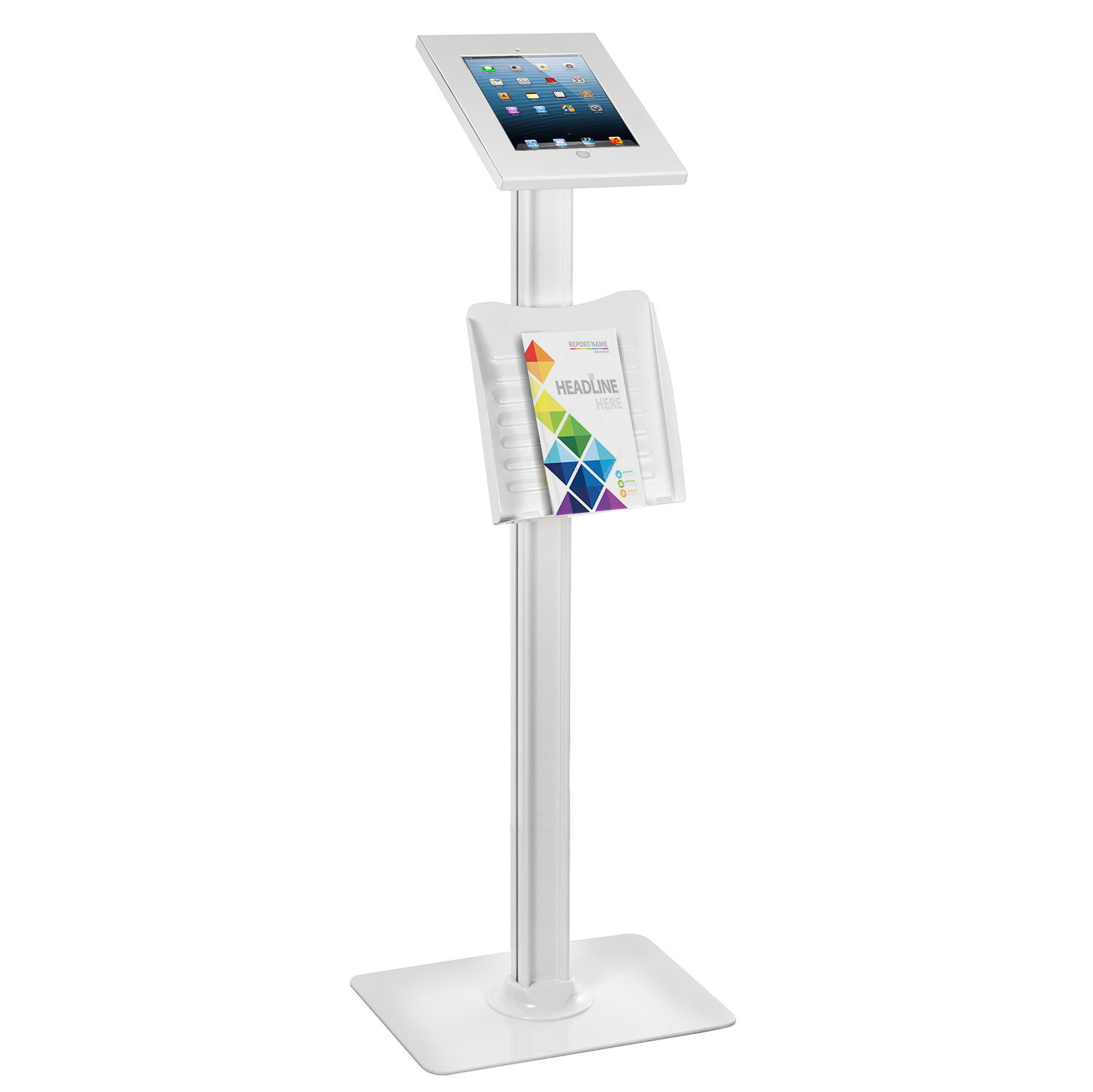 CEN-45950--Stojak uchwyt reklamowy do tabletu podłogowy z blokadą Maclean MC-724  iPad2.3.4; IPAD air; Stand, stojak na tablet, iKiosk podłogowy, cechuje się wysoką jakością wykonania oraz solidną stalową podstawą z otworami montażowymi, zapewniającymi maksymal