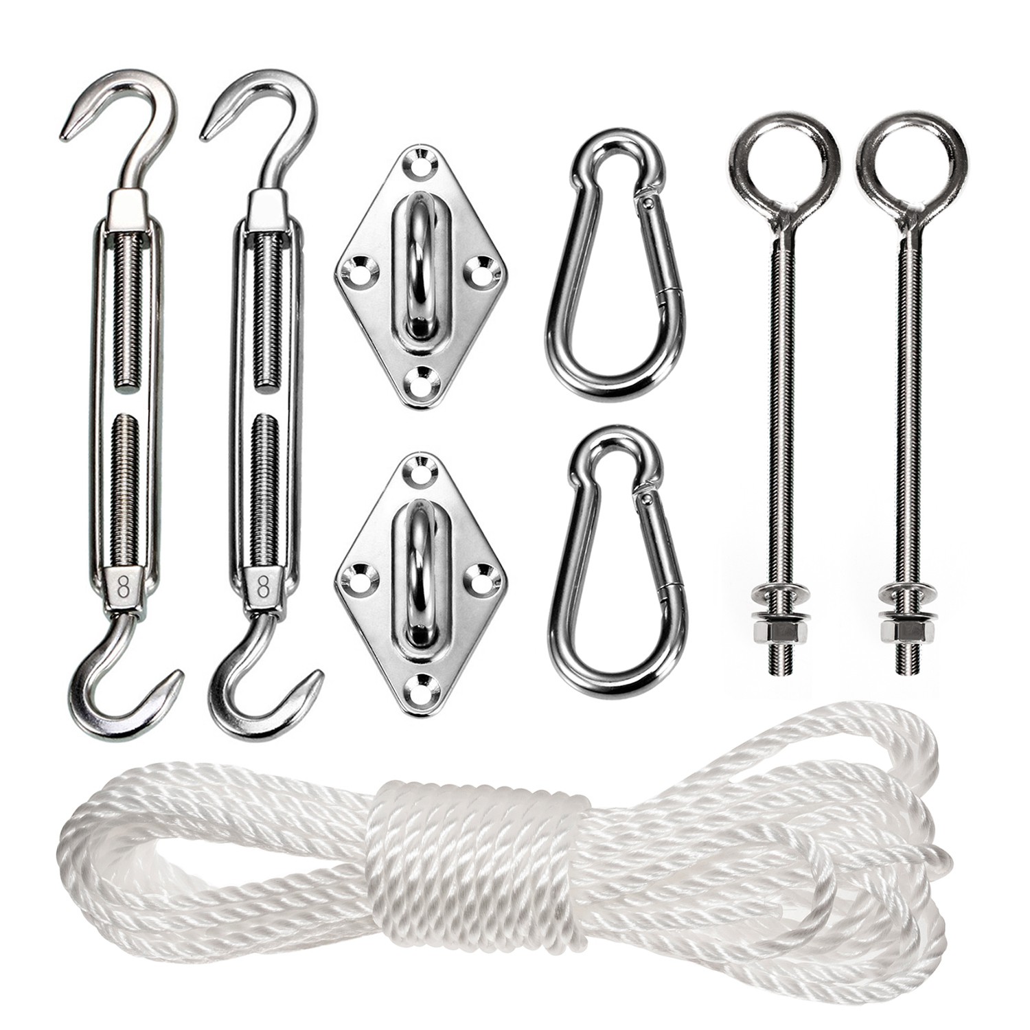 CEN-49492--Wysokiej jakości wykonany ze stali nierdzewnej zestaw montażowy do żagla / parasola ogrodowego przeciwsłonecznego.Pasuje do większości dostępnych obecnie na rynku żagli.Jest to bardzo proste i ekonomiczne rozwiązanie pozwalające szybko i skutecznie z