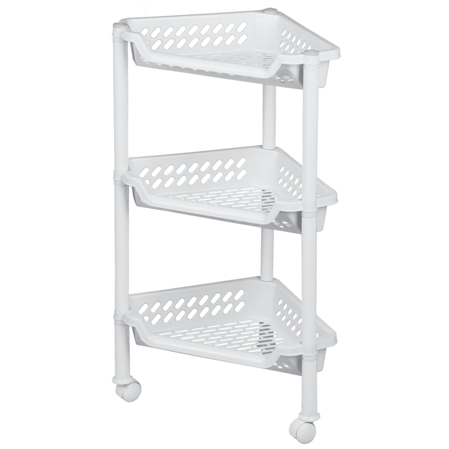 CEN-53091--Trójkątny regał idealnie wpasuje się w narożnik pomieszczenia. Regał wyposażony w trzy półki z otworami zapewniającymi lepsze odprowadzanie wody i wentylację w miejscach wilgotnych takich jak łazienka. Regał został wyposażony w kółka ułatwiające prze