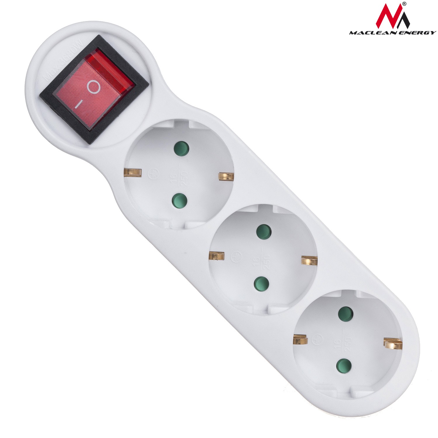 CEN-54808--Gniazdko prądowe potrójne z wyłącznikiem, z uziemieniem Maclean Energy MCE216 16A wersja niemiecka