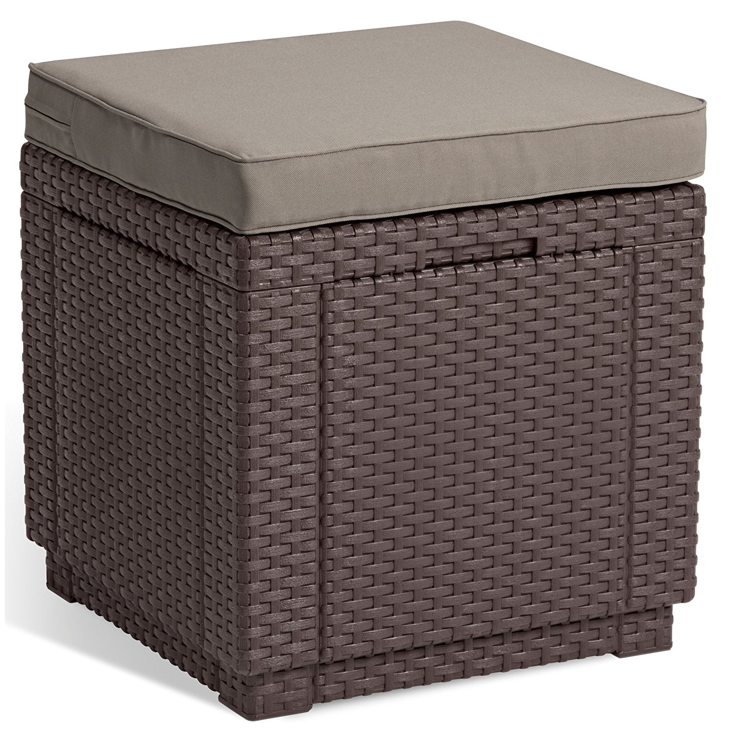 CEN-54820--Cube with cushion to oryginalne w swej prostej formie siedzisko z poduszką oraz z dodatkową funkcją schowka. Produkt może służyć zarówno jako siedzenie, stolik czy podnóżek. Ciepła, klasyczna kolorystyka i oryginalna, podobna do rattanowej faktura po