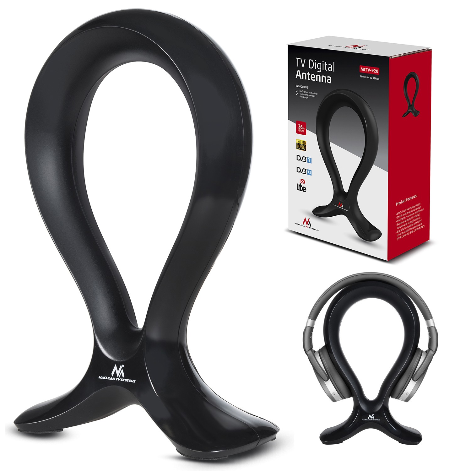 CEN-58622--Maclean MCTV-920 LTE Aktywna antena pokojowa firmy Maclean może odbierać cyfrowe programy telewizyjne. Kompatybilna z cyfrowymi naziemnymi systemami HDTV, takimi jak DVB-T, DVB-T2, ISDB-T i DTMB ATSC. Antena wewnętrzna jest wyposażona w filtr LTE, kt