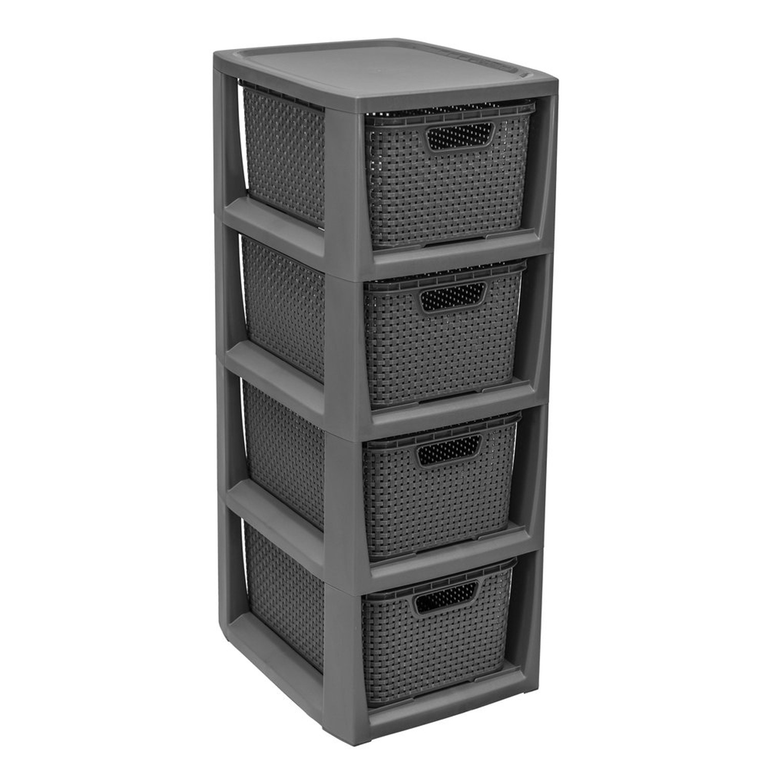 CEN-58926--Regał Rattan w kolorze antracyt z 4 koszykami, które pełnią formę szuflad to praktyczny sposób na przechowywanie niezbędnych akcesoriów w łazience, sypialni czy garderobie. Wykonany został z wysokiej jakości tworzywa odpornego na wilgoć. Lekka konstr