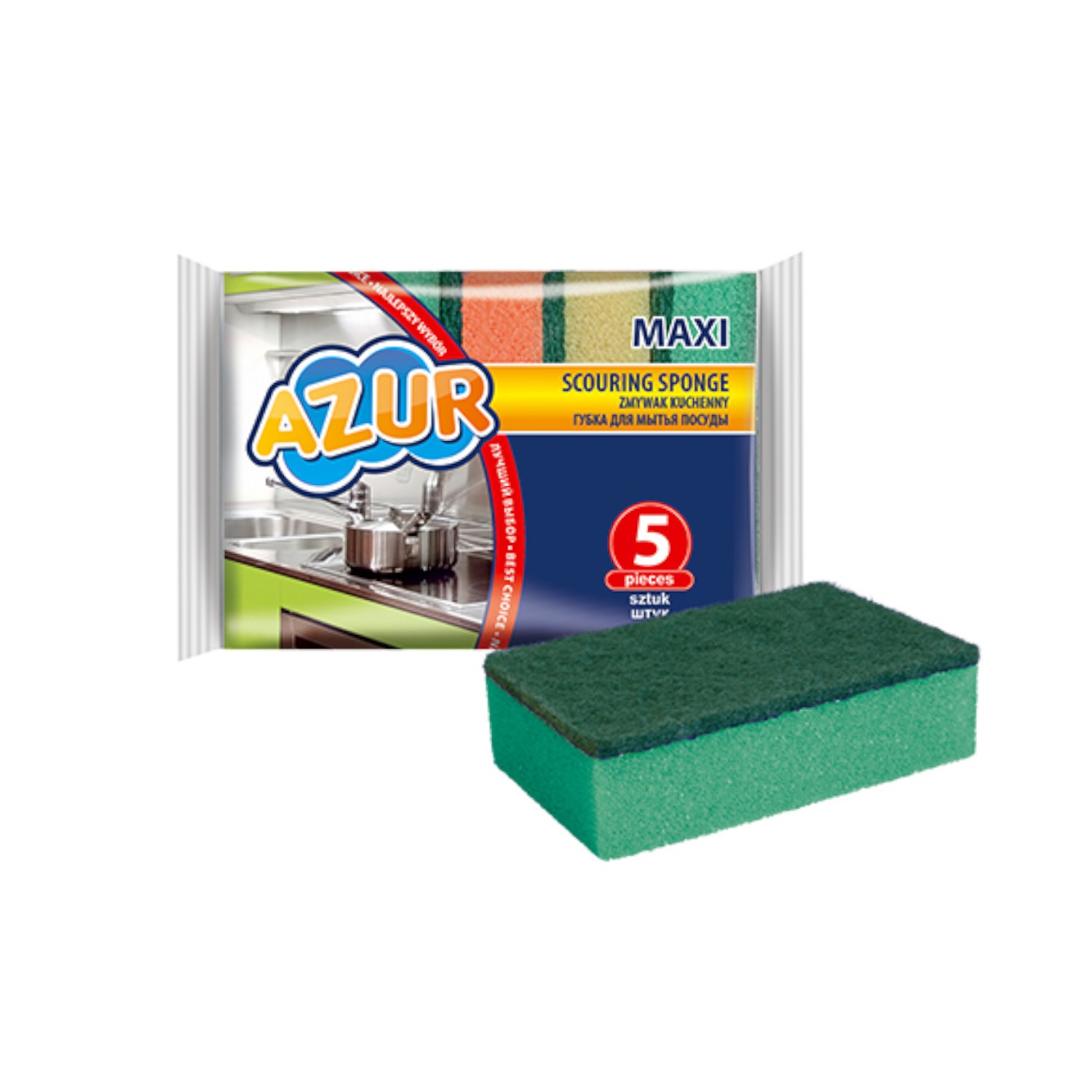CEN-60235--Zestaw 10 sztuk wielokolorowych zmywaków kuchennych, znajdujących zastosowanie w usuwaniu zabrudzeń z naczyń, oraz w utrzymaniu czystości w kuchni.Specyfikacja- Opakowanie 10 sztukZestaw zawiera- Zmywaki kuchenne duże 5 sztuk Azur Maxi Wielokolorowe-