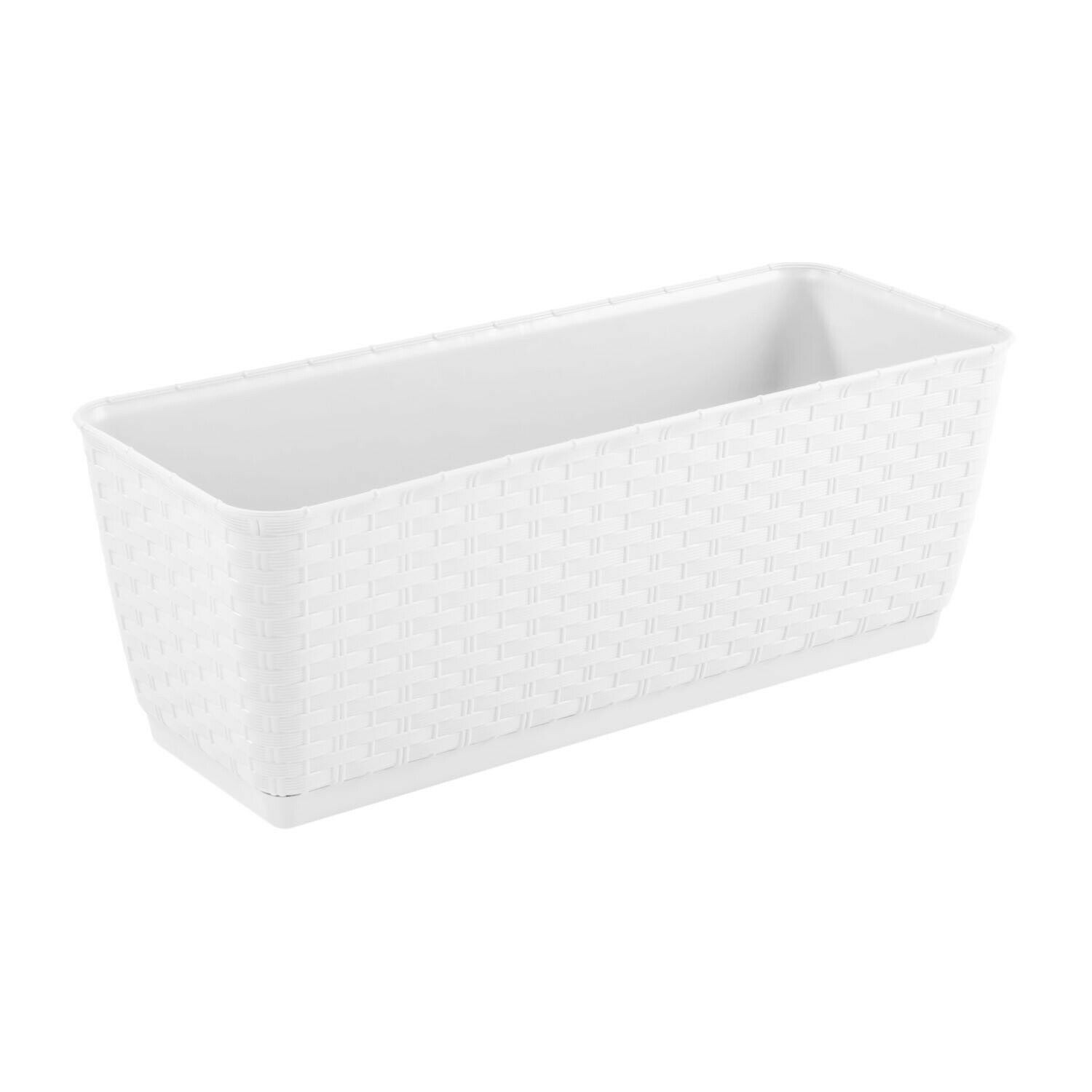 CEN-61422--Prostokątna doniczka z fakturą imitującą plecionkę rattanową. Wersja z praktyczną przekładką do prawidłowego nawadniania roślin. Wydłuża czas, w którym ziemia jest wilgotna. Pozwala zaoszczędzić wodę przez mniejsze odparowanie. Zestaw posiada haki ba