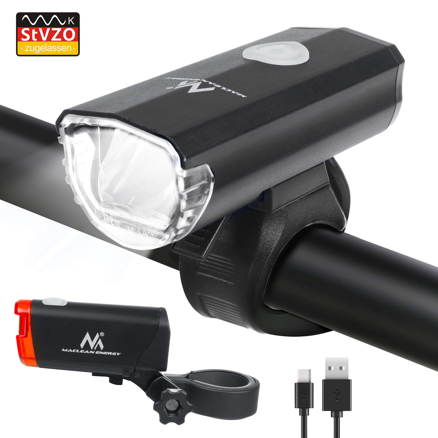 CEN-66611--Zestaw sprawdzonych lamp rowerowych o ekonomicznym źródle światła LED. Konstrukcja lampki przedniej zapewnia odpowiednie skierowanie wiązki światła, zapobiegając przy tym oślepieniu innych użytkowników drogi.Lampki zgodne ze standardem StVZO. Zostały