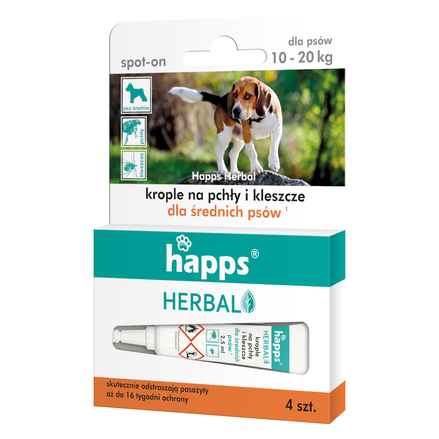 CEN-67233--Wygodne i łatwe w użyciu krople HAPPS HERBAL to preparat do odstraszania pcheł i kleszczy, który aplikuje się bezpośrednio na skórę psa. Może być stosowany zarówno u dorosłych zwierząt, jak i u szczeniąt powyżej 12 tygodnia życia. 4 aplikacje zapewni