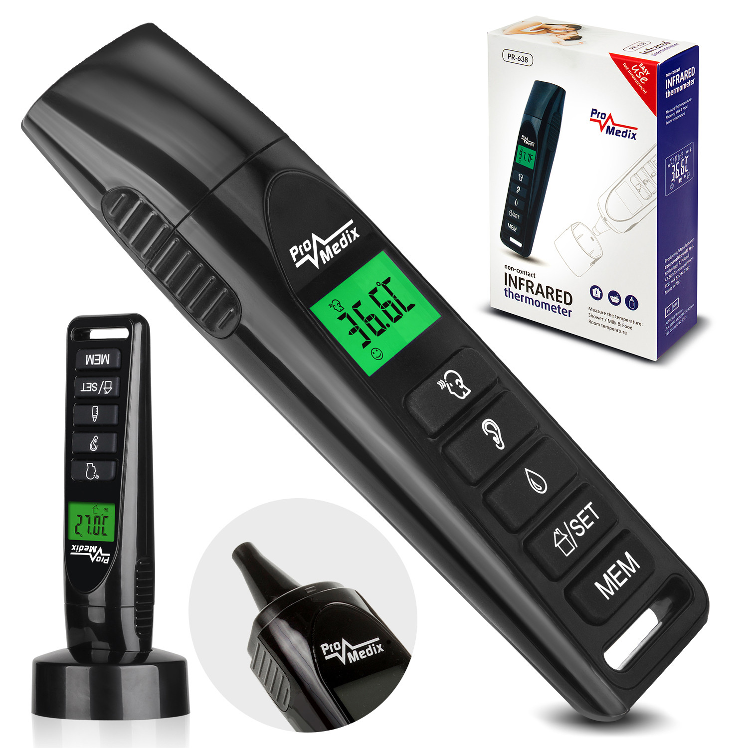 CEN-70028--Certyfikowany, bezkontaktowy termometr, wykorzystujący do pomiaru technologię podczerwieni. Promedix PR-638 posiada świadectwo zgodności dla wyrobów medycznych).Dzięki zastosowaniu funkcji bezdotykowego mierzenia temperatury, dokonujemy bardzo łatwo 