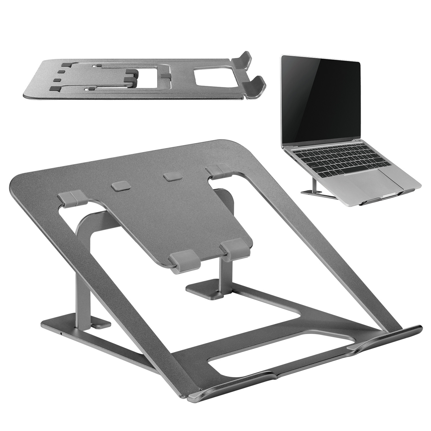 CEN-70221--Przenośna aluminiowa podstawka pod laptopa z 6-stopniową regulacją wysokości pozwala na ustawienie najlepszego kąta nachylenia, a dzięki temu utrzymanie prawidłowej postawy ciała podczas wielogodzinnego korzystania z laptopa w pracy lub podczas grani