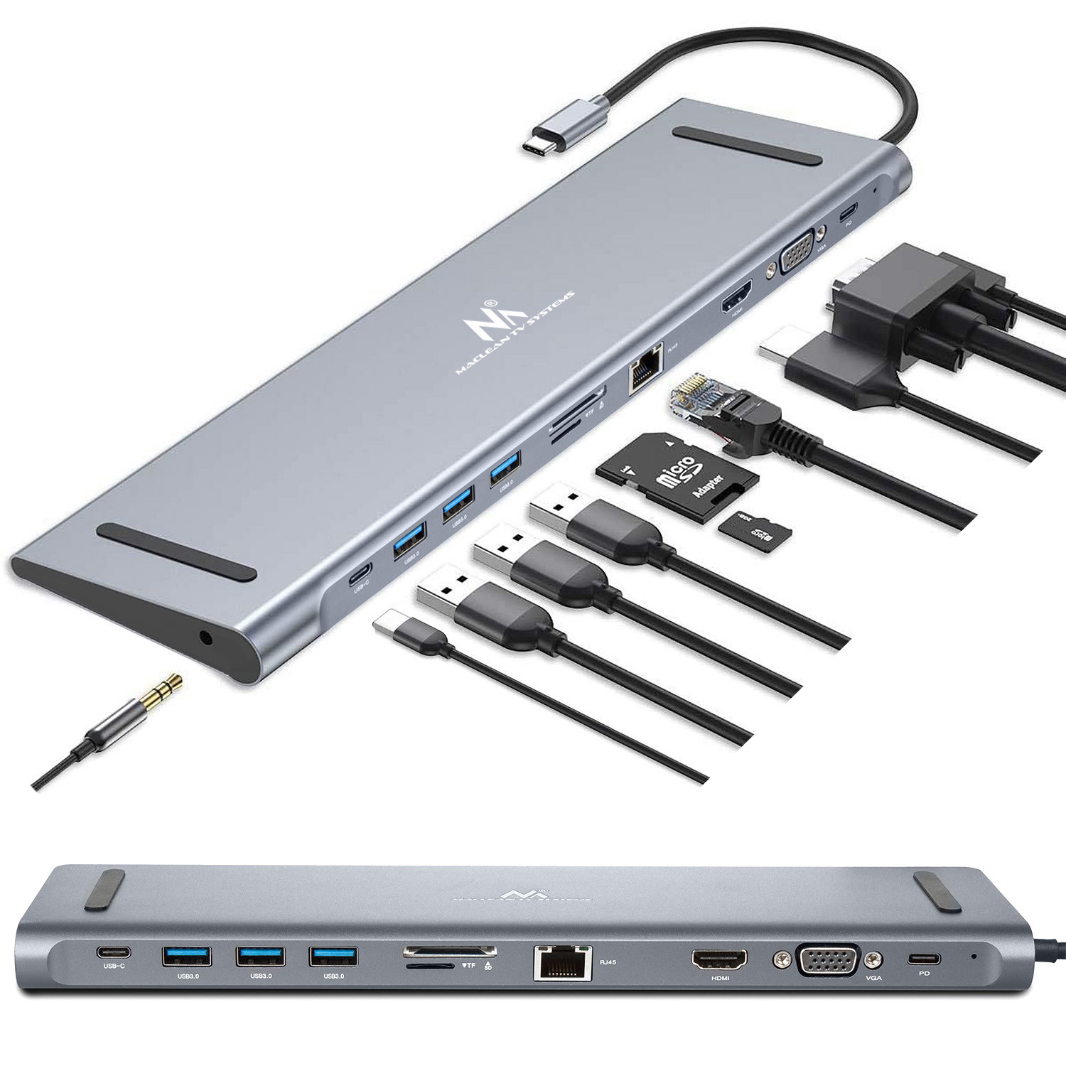 CEN-70345--Wysokiej jakości stacja dokująca kompatybilna z laptopami, notebookami, tabletami wyposażonymi w port USB typu C.Maclean MCTV-850 rozszerzy urządzenie o dodatkowe porty HDMI, USB 3.0, VGA, PD a także gniazdo internetowe RJ45, gniazdo audio 3,5mm oraz