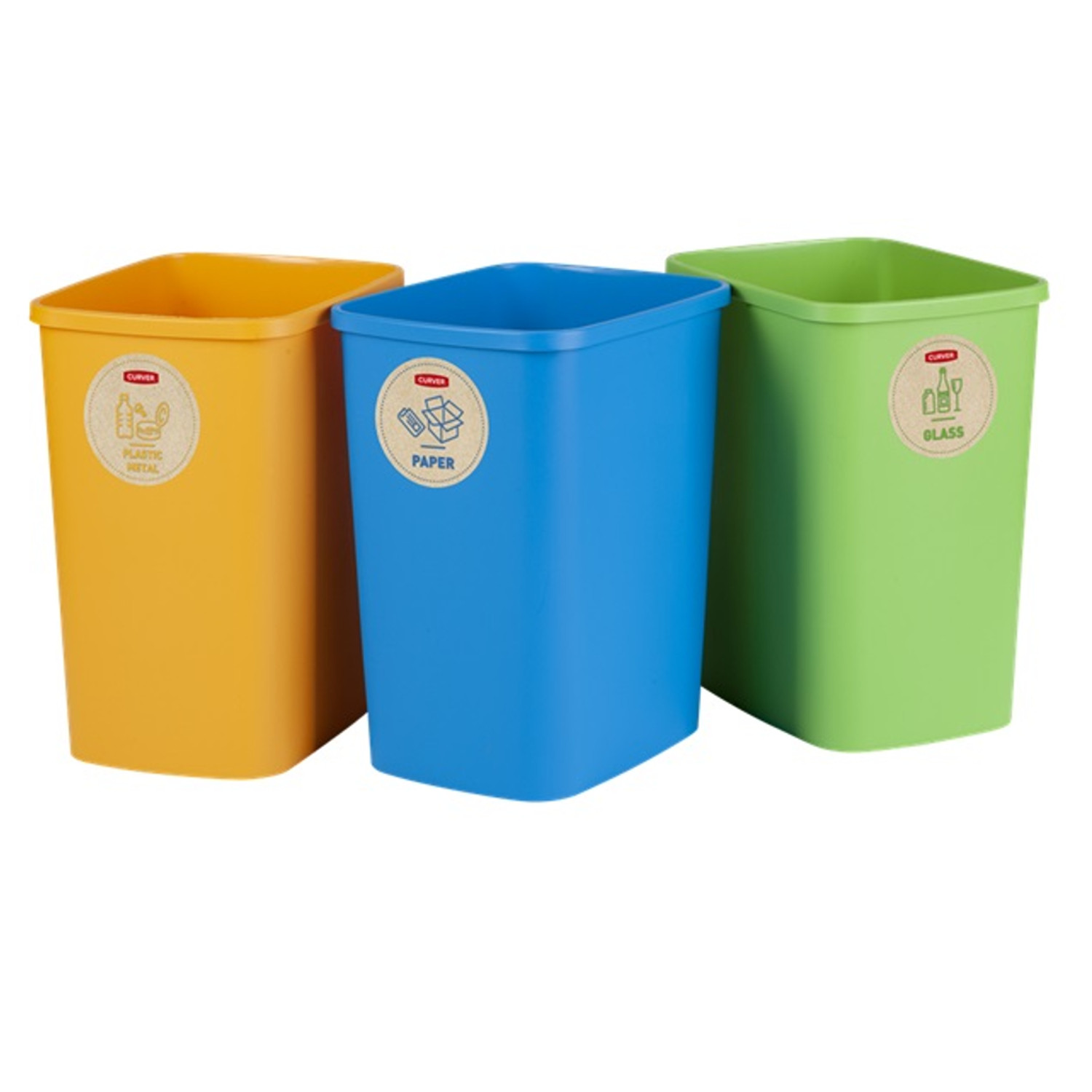 CEN-71233--Zestaw koszy Curver ECO Friendly 3x9L to świetne rozwiązanie do segregacji odpadów. Wykonane zostały w dedykowanych kolorach ze specjalnymi etykietami, które pozwalają na łatwe zidentyfikowanie kategorii odpadów; żółty na metale i tworzywa sztuczne, 