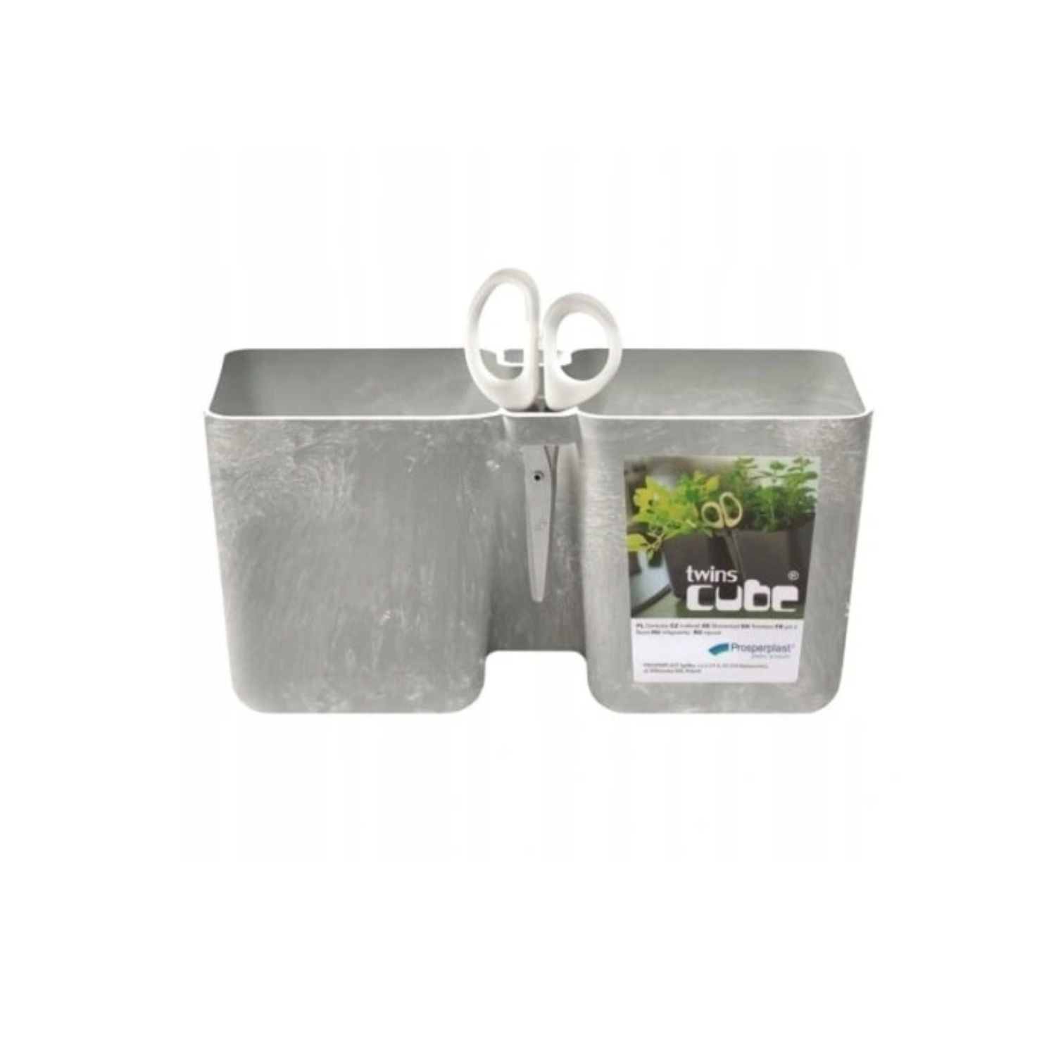 CEN-72526--Twins Cube to podwójna doniczka o oryginalnym kształcie z otworem na nożyczki. Idealna do domowej uprawy ziół.W zestawie z nożyczkami Herbs Cut ze specjalnym potrójnym ostrzem.Specyfikacja- Producent: Prosperplast- Linia: Twins Cube- Symbol producent