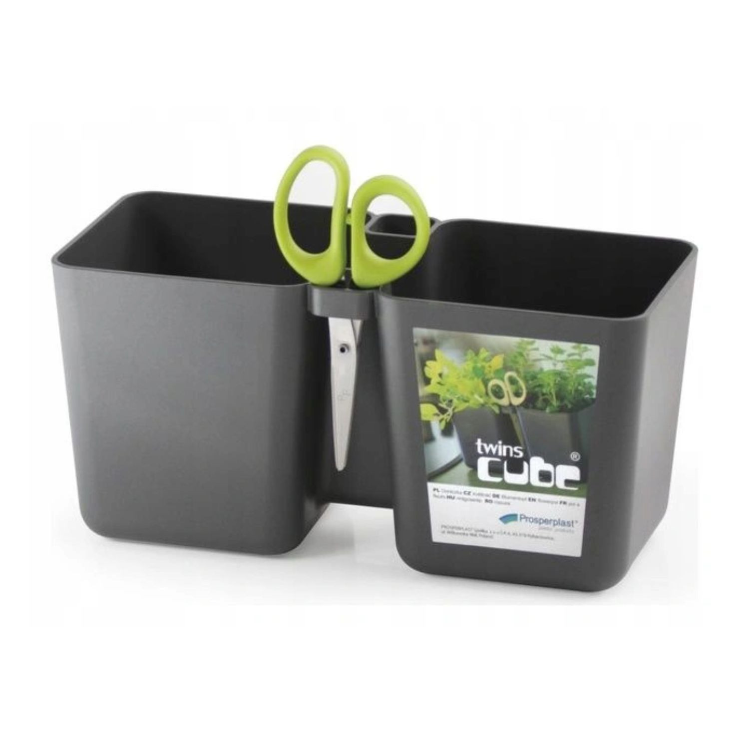 CEN-72527--Twins Cube to podwójna doniczka o oryginalnym kształcie z otworem na nożyczki. Idealna do domowej uprawy ziół.W zestawie z nożyczkami Herbs Cut ze specjalnym potrójnym ostrzem.Specyfikacja- Producent: Prosperplast- Linia: Twins Cube- Symbol producent
