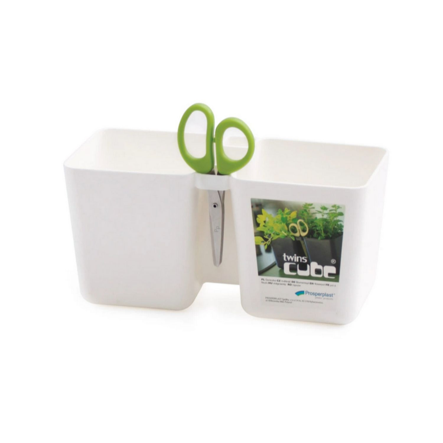 CEN-72528--Twins Cube to podwójna doniczka o oryginalnym kształcie z otworem na nożyczki. Idealna do domowej uprawy ziół.W zestawie z nożyczkami Herbs Cut ze specjalnym potrójnym ostrzem.Specyfikacja- Producent: Prosperplast- Linia: Twins Cube- Symbol producent