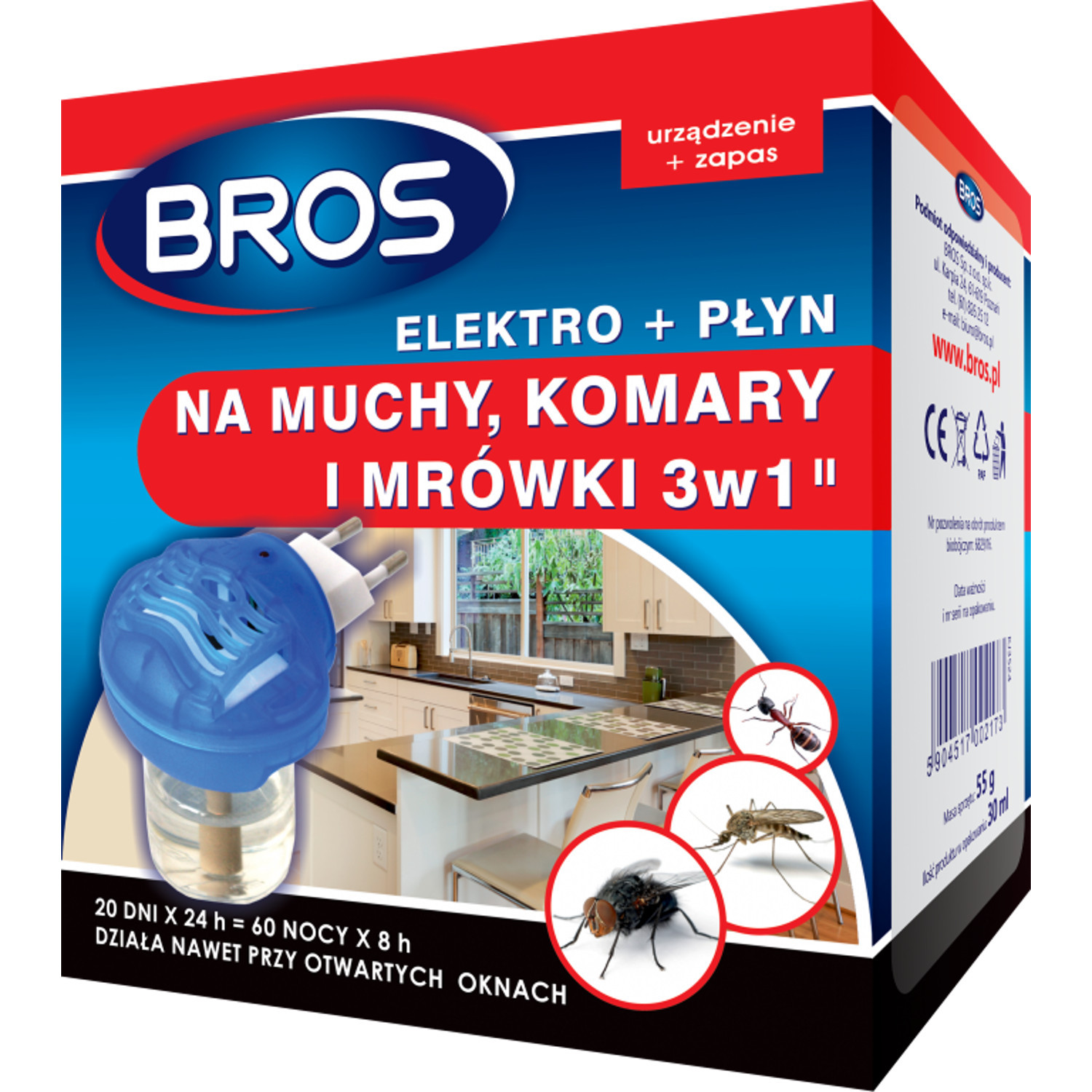 CEN-72979--Elektrofumigator z płynem o szerokim spektrum działania, do zwalczania much, komarów i mrówek. Stopniowo uwalniana substancja czynna chroni pomieszczenia zarówno w dzień, jak i w nocy, a dodatkowo zapobiega wlatywaniu kolejnych owadów. Jest skuteczny