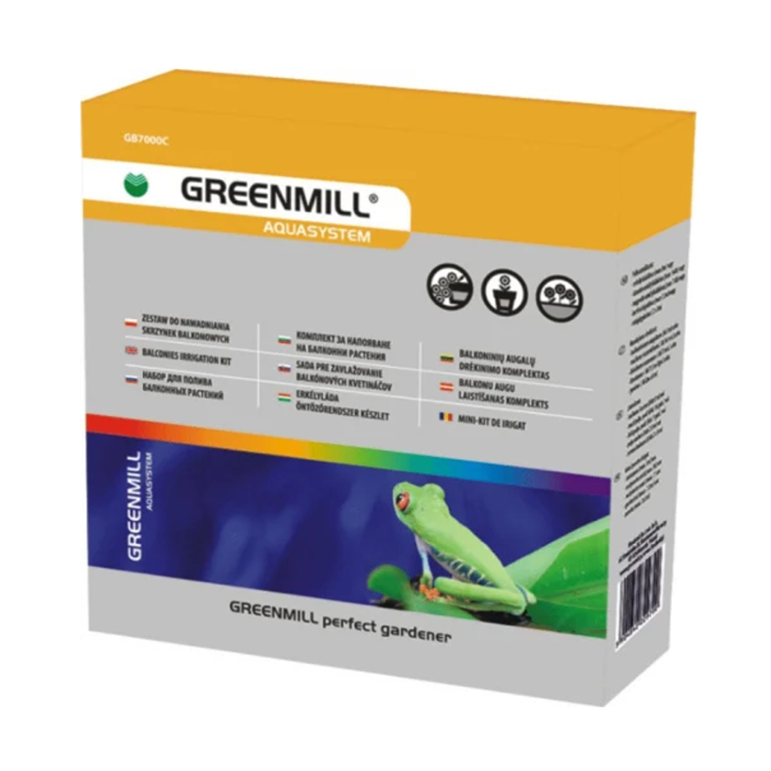 CEN-73517--Kompletny zestaw do podlewania Greenmill GB7000C. Możliwość zasilania: 5 m skrzynek balkonowych lub 15 małych doniczek lub 7 dużych donic lub rabaty 7.5 m lub grządki o wymiarach 2 x 3 m. Zestaw składa się z reduktora ciśnienia, 15 m rury rozprowadza