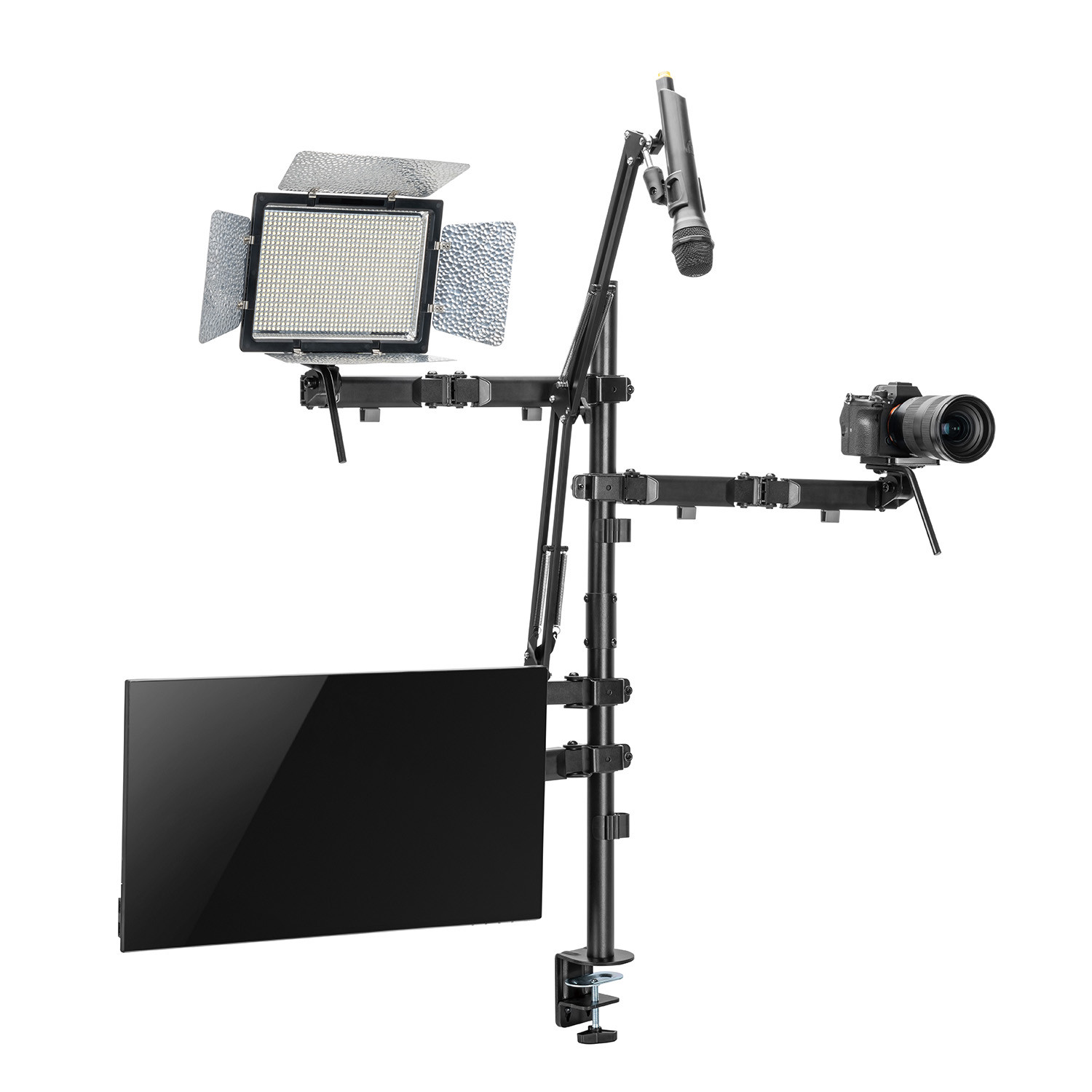 CEN-74688--Uchwyt na monitor mikrofon, kamerę i naświetlacz All-In-One Studio NanoRS RS164Wysokiej jakości profesjonalny uchwyt do monitora, mikrofonu, kamery i naświetlacza. Umożliwia zamontowanie na biurku wszystkich urządzeń potrzebnych do nagrywania audycji