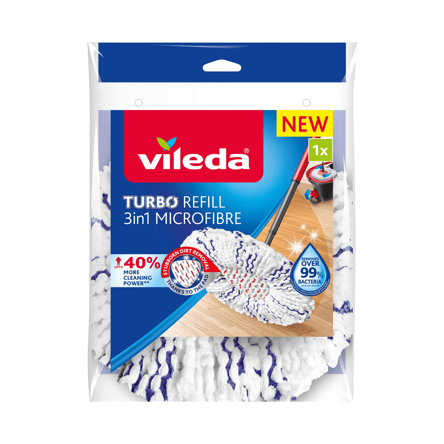 CEN-74852--40% bardziej efektywne czyszczenie podłóg, bez wysiłku! Najnowszy wkład Vileda Turbo 3w1 łączy technologię najlepszego płaskiego mopa z najlepszym mopem sznurkowym, zapewniając doskonałe rezultaty czyszczenia. Wymienna podkładka TURBO 3w1 usuwa 99% b
